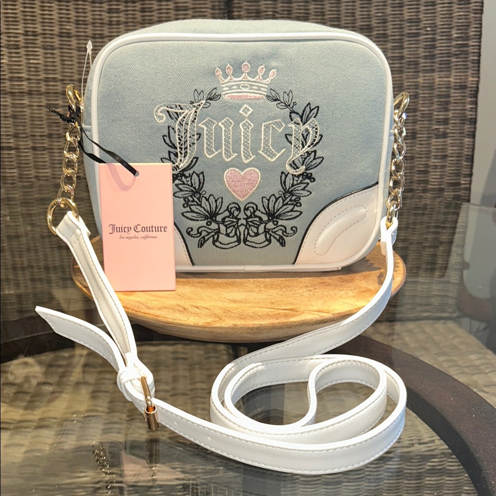 Juicy Couture Light Washed Blue Denim and White Heritage Crossbody Bag - Picture 4 of 6